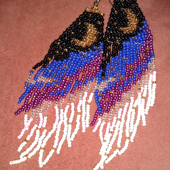 Long 5" Stars & Crescent Moon Night Earrings Handmade Beaded Oversized Statement - Picture 8 of 8